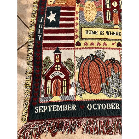 VTG Throw, Blanket, Wall Tapestry, God Bless, Calendar Seasons ,fringe 60X46 - Picture 4 of 6